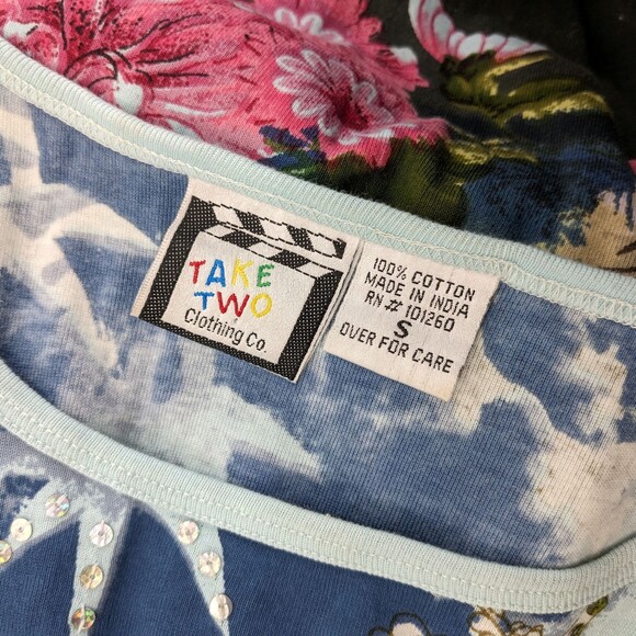 Vintage 90s y2k Take Two Ringer Tee Floral Tropical Falmingo Sequins Size S - Picture 8 of 10